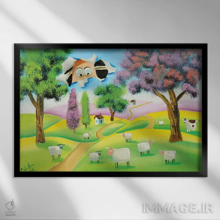 تابلو دکوراتیو عبور گوسفند از بوم نقاشی اثر گوردون بروس - نمای قابدار مشکی