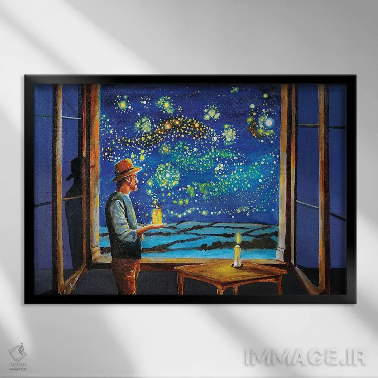 تابلو دکوراتیو شب پرستاره ون گوگ با کرم شب تاب ها اثر گوردون بروس - نمای قابدار مشکی