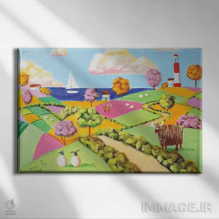 تابلو دکوراتیو مزارع وصله ای گاو کوهستانی اثر گوردون بروس - نمای روبهرو روی دیوار