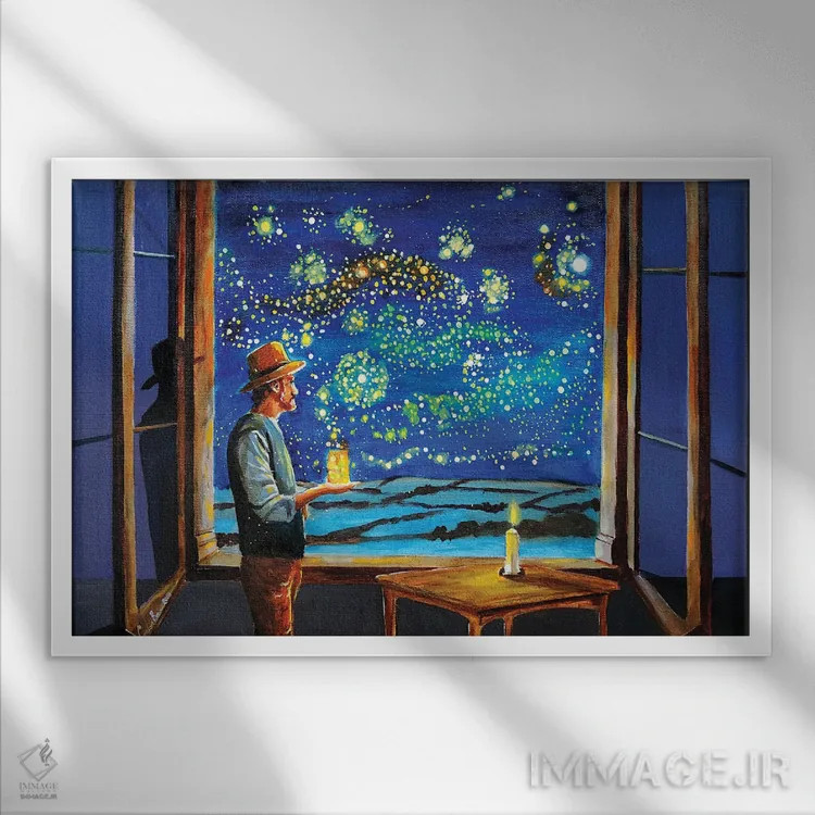 تابلو دکوراتیو شب پرستاره ون گوگ با کرم شب تاب ها اثر گوردون بروس - نمای قابدار سفید