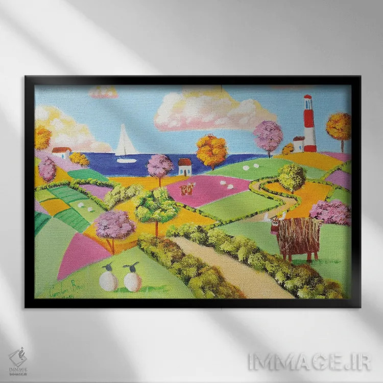 تابلو دکوراتیو مزارع وصله ای گاو کوهستانی اثر گوردون بروس - نمای قابدار مشکی