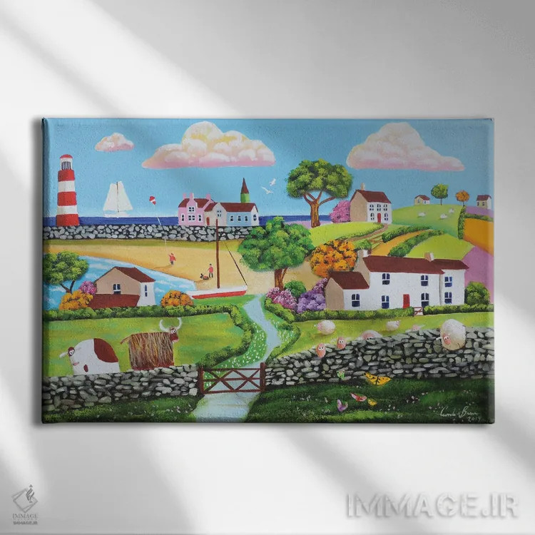 تابلو دکوراتیو گاو اسکاتلندی در کنار دریا اثر گوردون بروس - نمای روبهرو روی دیوار