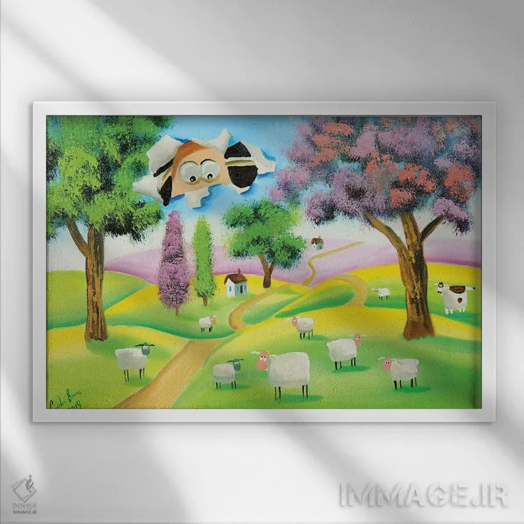 تابلو دکوراتیو عبور گوسفند از بوم نقاشی اثر گوردون بروس - نمای قابدار سفید
