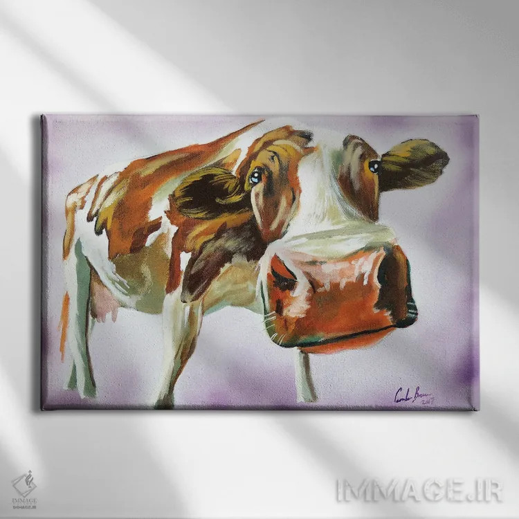 تابلو دکوراتیو گاو قهوه ای و سفید اثر گوردون بروس - نمای روبهرو روی دیوار
