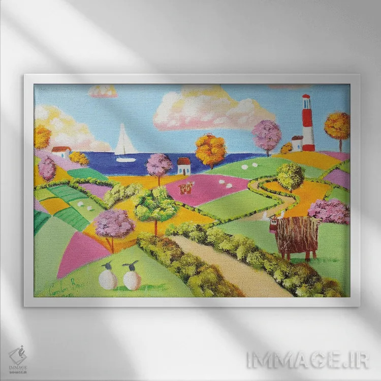 تابلو دکوراتیو مزارع وصله ای گاو کوهستانی اثر گوردون بروس - نمای قابدار سفید