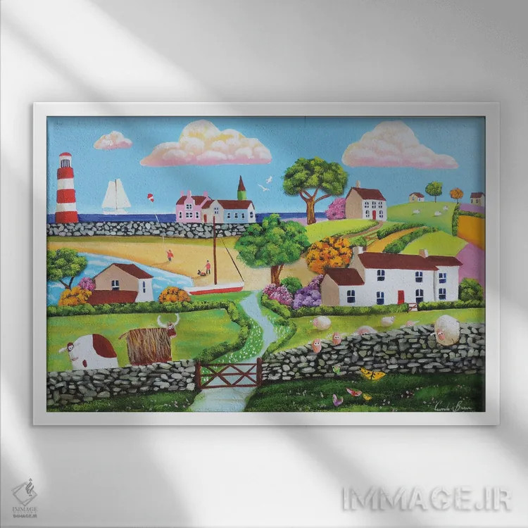 تابلو دکوراتیو گاو اسکاتلندی در کنار دریا اثر گوردون بروس - نمای قابدار سفید