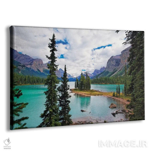 تابلو دکوراتیو نمای هوایی از جزیره اسپیریت، دریاچه مالین، پارک ملی جاسپر اثر جورج اوزه - نمای پرسپکتیو محصول