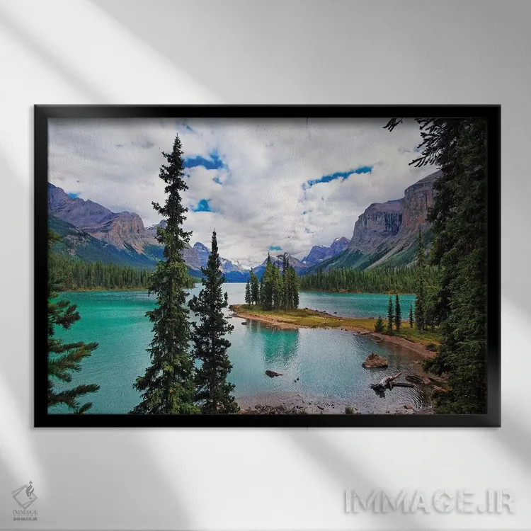 تابلو دکوراتیو نمای هوایی از جزیره اسپیریت، دریاچه مالین، پارک ملی جاسپر اثر جورج اوزه - نمای قابدار مشکی