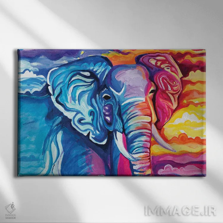 تابلو دکوراتیو فیل در رنگ های درخشان اثر چلسیا گودریچ - نمای روبهرو روی دیوار
