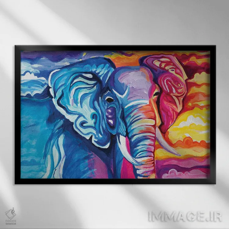 تابلو دکوراتیو فیل در رنگ های درخشان اثر چلسیا گودریچ - نمای قابدار مشکی