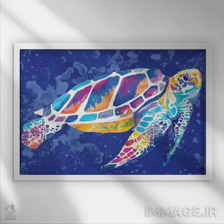 تابلو دکوراتیو لاک پشت دریایی آبی درخشان اثر چلسیا گودریچ - نمای قابدار سفید