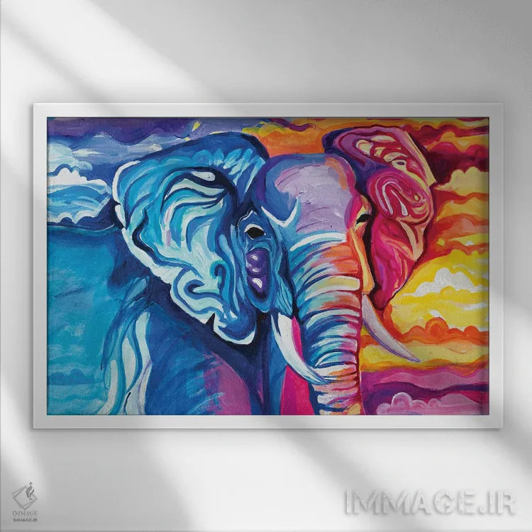 تابلو دکوراتیو فیل در رنگ های درخشان اثر چلسیا گودریچ - نمای قابدار سفید