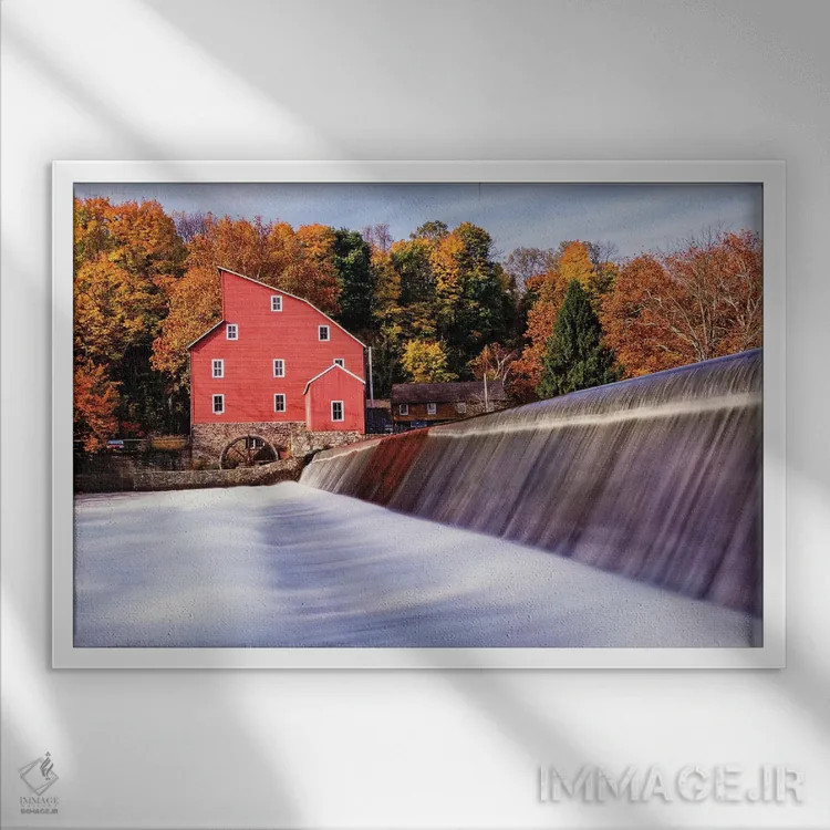 تابلو دکوراتیو آسیاب قرمز تاریخی در پاییز، کلینتون، نیوجرسی اثر جورج اوزه - نمای قابدار سفید