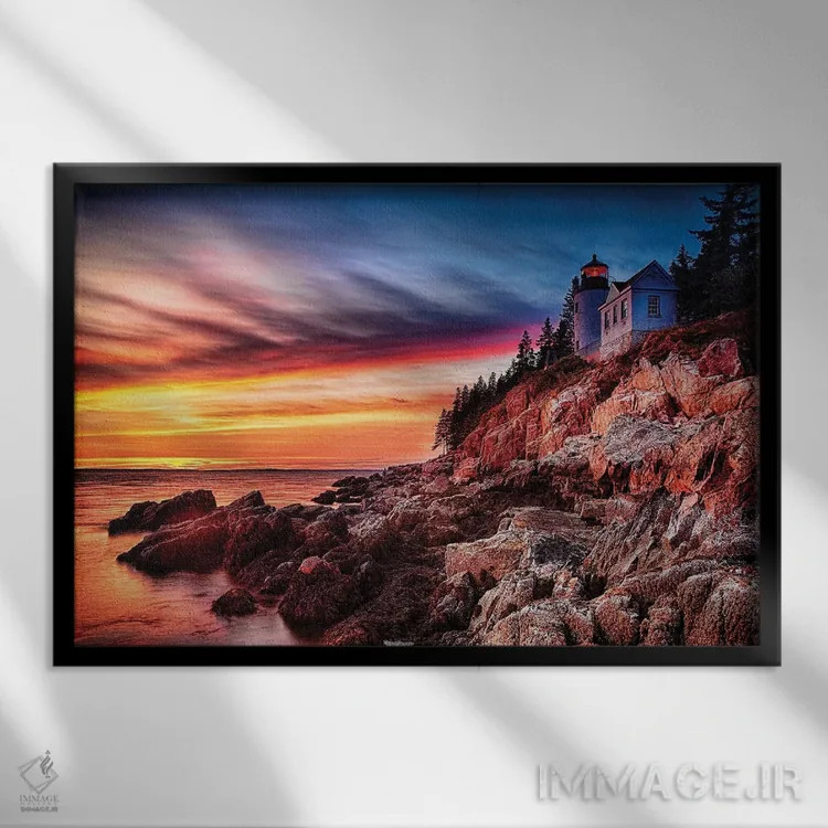 تابلو دکوراتیو فانوس دریایی بر صخره، هنگام غروب، فانوس دریایی باس هاربر، مین اثر جورج اوزه - نمای قابدار مشکی