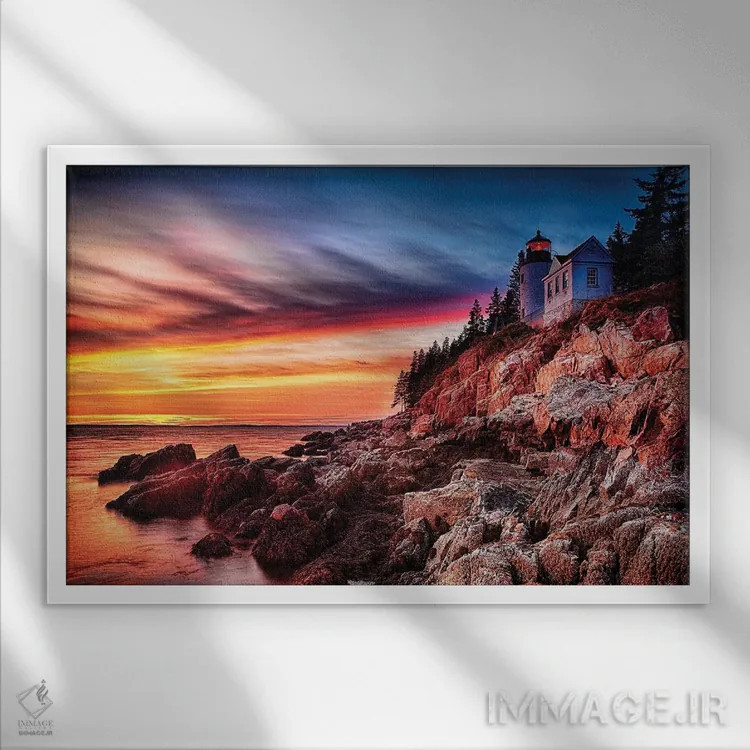 تابلو دکوراتیو فانوس دریایی بر صخره، هنگام غروب، فانوس دریایی باس هاربر، مین اثر جورج اوزه - نمای قابدار سفید