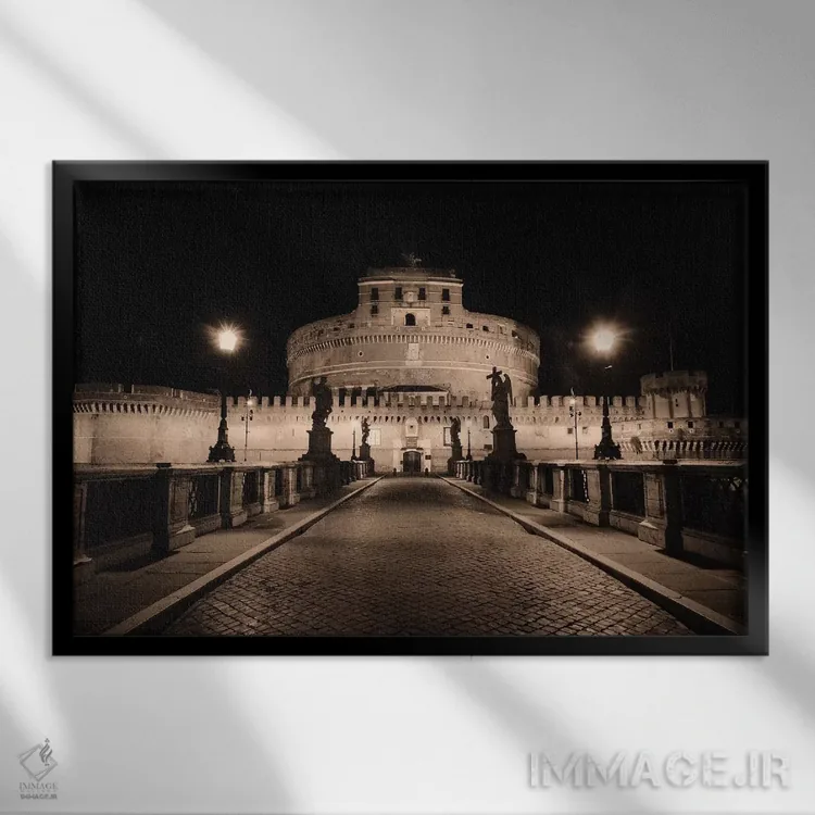 تابلو دکوراتیو نمای شبانه از زاویه پایین به قلعه سنت آنجلو، رم، لاتزیو، ایتا… اثر جورج اوزه - نمای قابدار مشکی