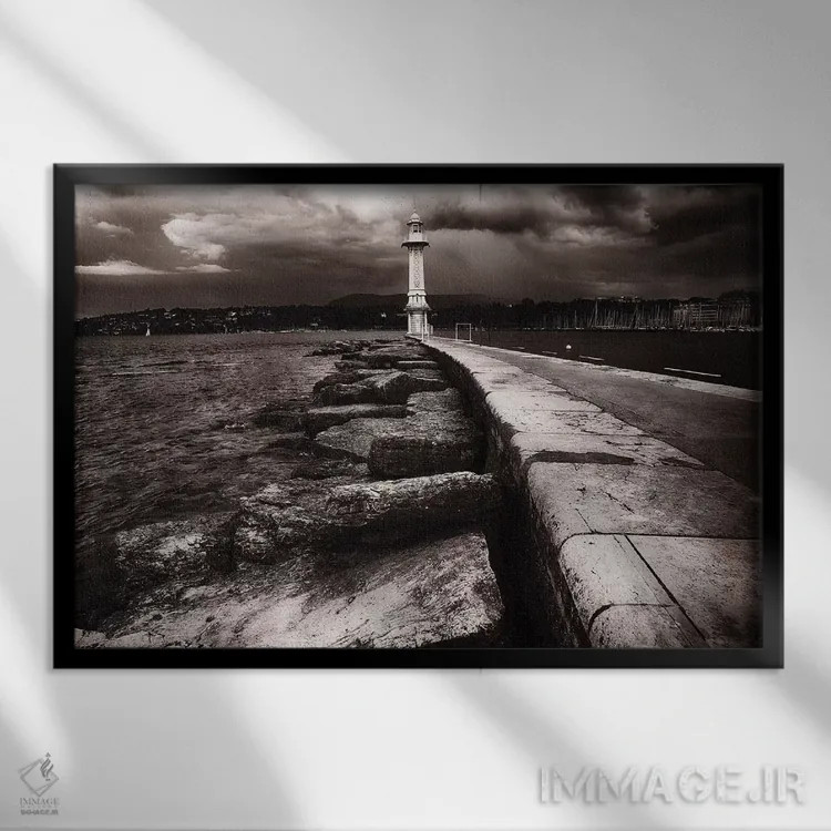 تابلو دکوراتیو فانوس دریایی دریاچه ژنو اثر جورج اوزه - نمای قابدار مشکی