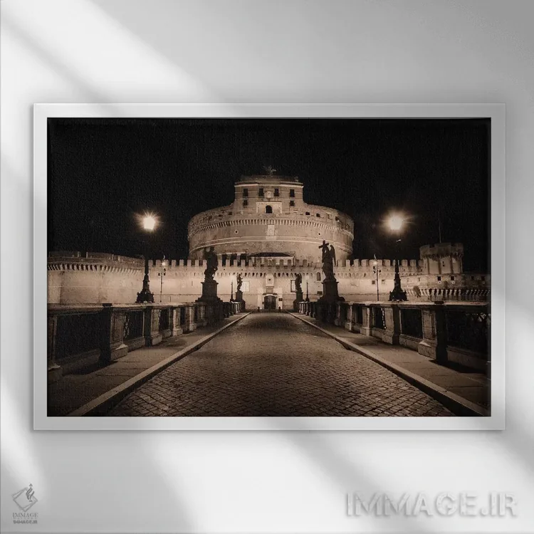تابلو دکوراتیو نمای شبانه از زاویه پایین به قلعه سنت آنجلو، رم، لاتزیو، ایتا… اثر جورج اوزه - نمای قابدار سفید