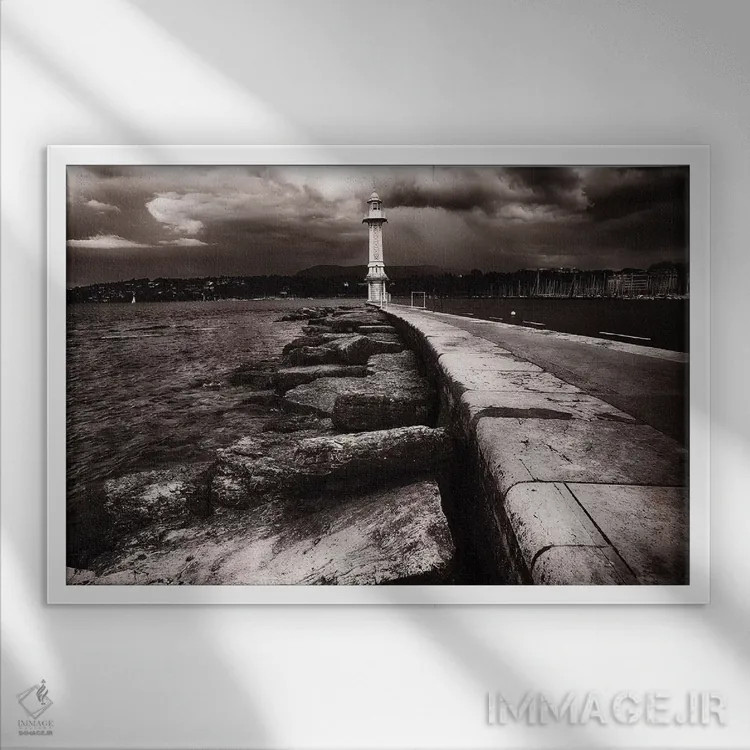 تابلو دکوراتیو فانوس دریایی دریاچه ژنو اثر جورج اوزه - نمای قابدار سفید