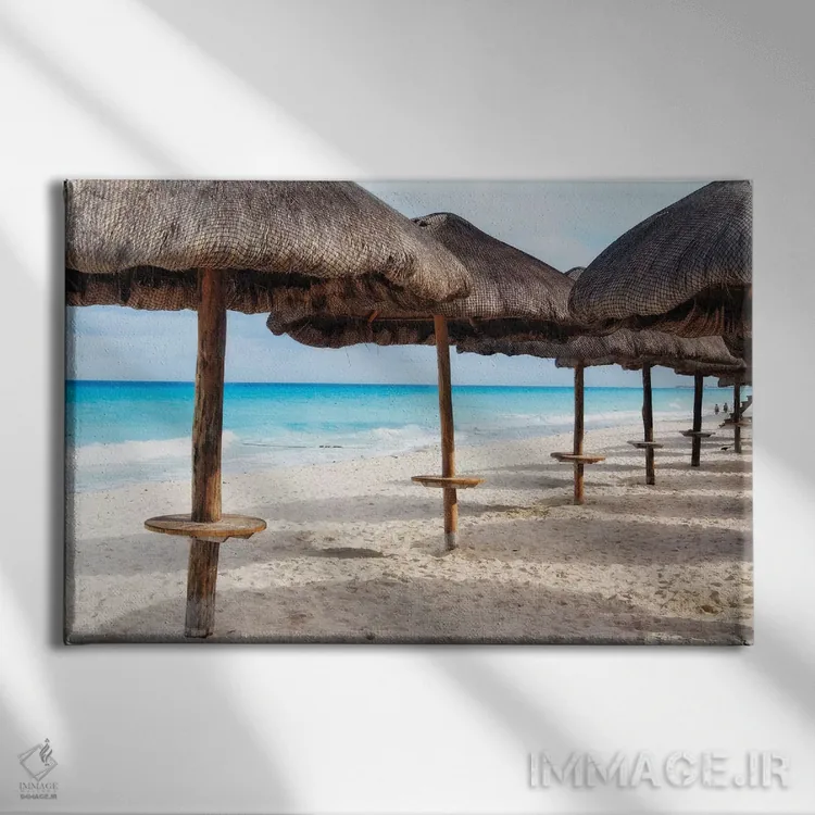 تابلو دکوراتیو کلبه های ساحلی کنار هم در کانکون، مکزیک اثر جورج اوزه - نمای روبهرو روی دیوار