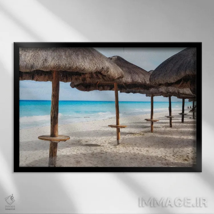 تابلو دکوراتیو کلبه های ساحلی کنار هم در کانکون، مکزیک اثر جورج اوزه - نمای قابدار مشکی