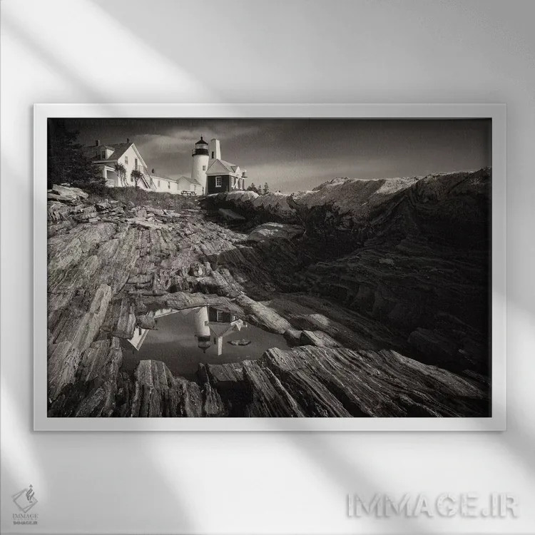 تابلو دکوراتیو انعکاس فانوس دریایی پوینت پیمکوئید، بریستول، مین اثر جورج اوزه - نمای قابدار سفید