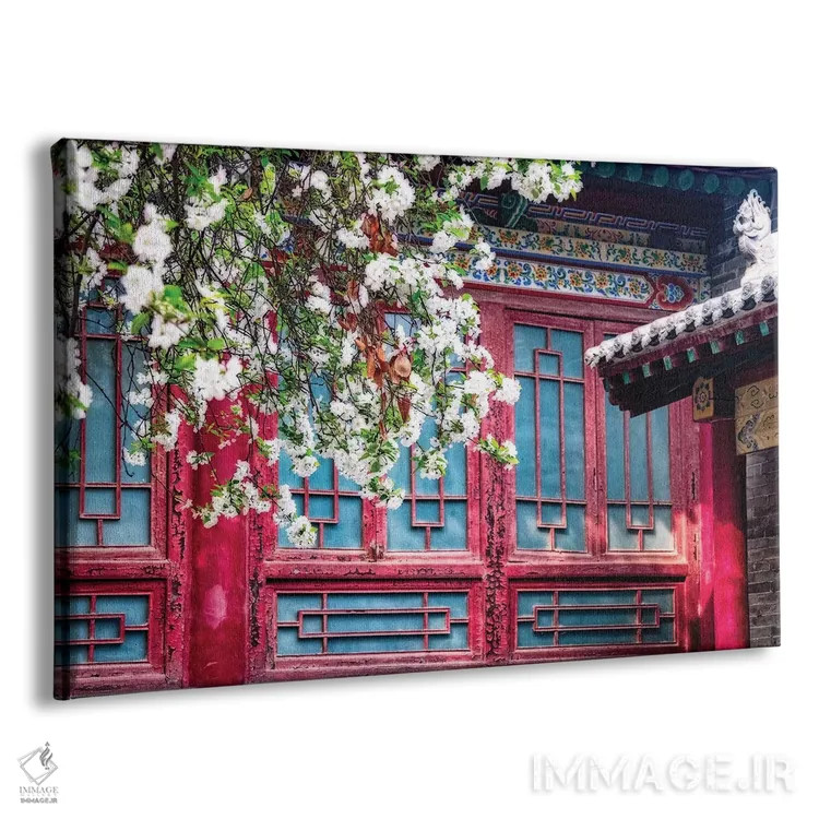 تابلو دکوراتیو درخت شکوفه دار در برابر ساختمان سنتی چینی، بیلین، شی آن، چین اثر جورج اوزه - نمای پرسپکتیو محصول