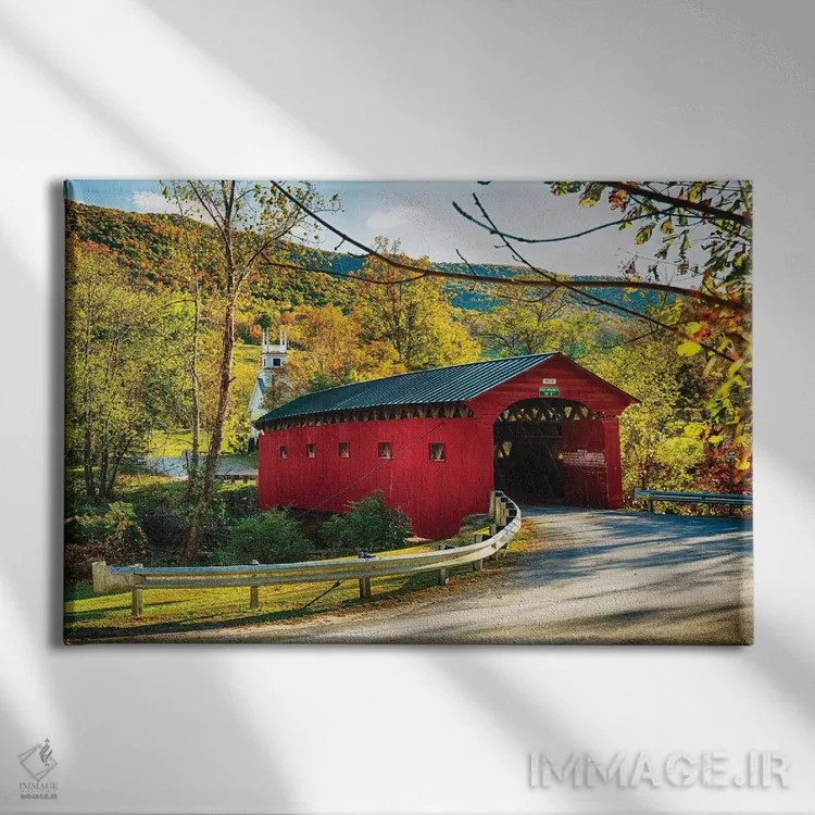 تابلو دکوراتیو پل سرپوشیده قرمز و کلیسا، ورمانت اثر جورج اوزه - نمای روبهرو روی دیوار