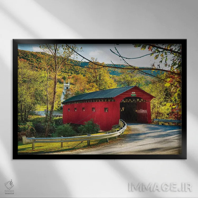 تابلو دکوراتیو پل سرپوشیده قرمز و کلیسا، ورمانت اثر جورج اوزه - نمای قابدار مشکی