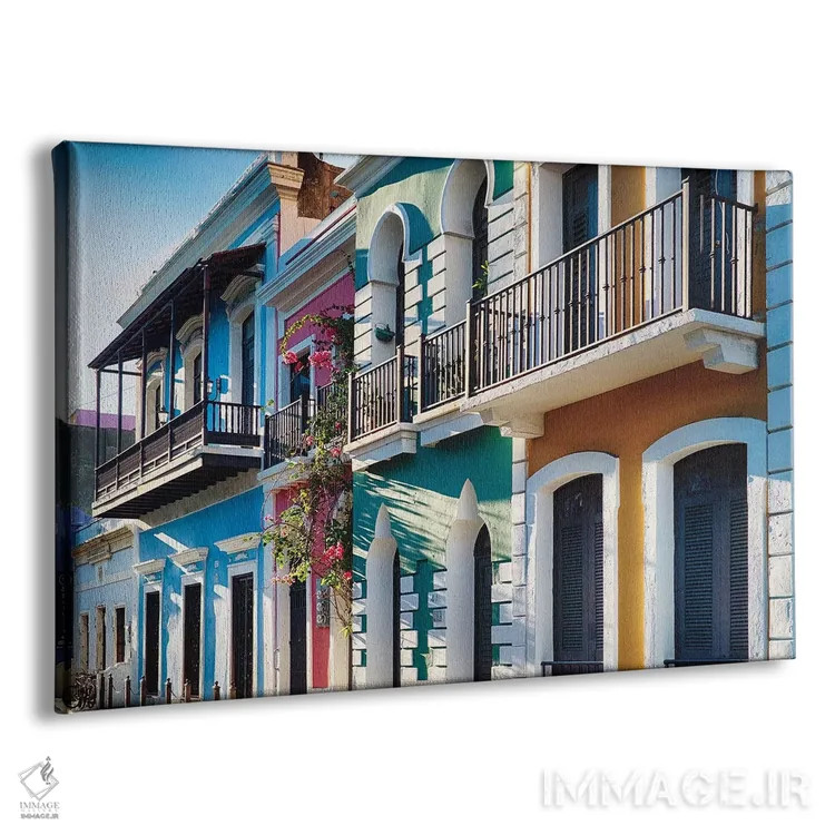تابلو دکوراتیو خانه های سبکی استعماری اسپانیایی و موریش در سن خوآن قدیم، پور… اثر جورج اوزه - نمای پرسپکتیو محصول
