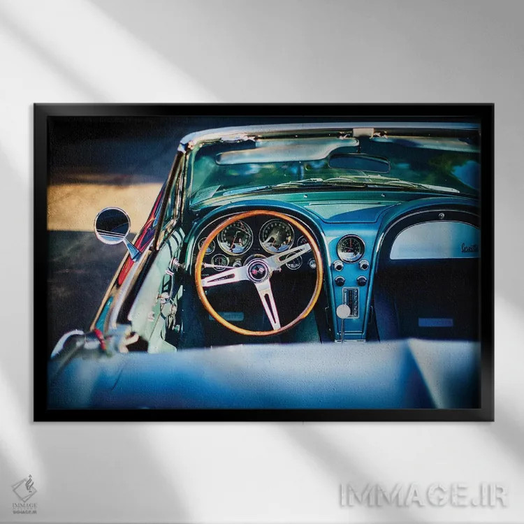 تابلو دکوراتیو فضای داخلی خودروی کلاسیک آمریکایی لوکس اثر جورج اوزه - نمای قابدار مشکی
