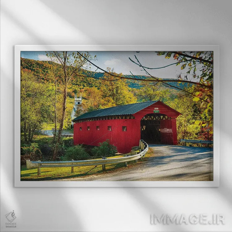 تابلو دکوراتیو پل سرپوشیده قرمز و کلیسا، ورمانت اثر جورج اوزه - نمای قابدار سفید