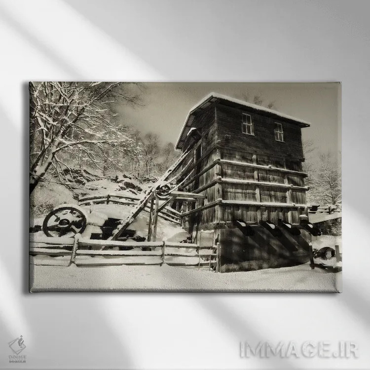 تابلو دکوراتیو ساختمان تاریخی معدن خانه پوشیده از برف، دهکده کلینتون رد میل… اثر جورج اوزه - نمای روبهرو روی دیوار