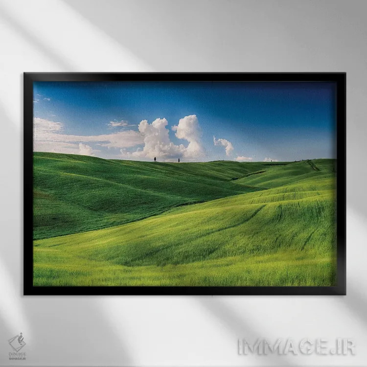 تابلو دکوراتیو تپه های نرم با درختان سرو و مزارع گندم، توسکانی، ایتالیا اثر جورج اوزه - نمای قابدار مشکی