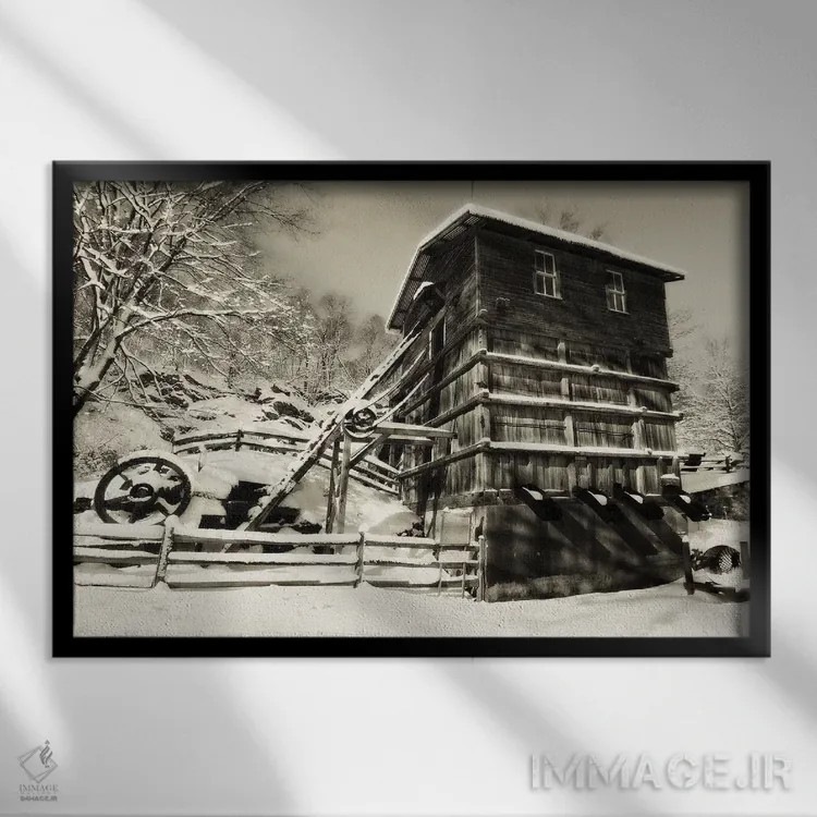 تابلو دکوراتیو ساختمان تاریخی معدن خانه پوشیده از برف، دهکده کلینتون رد میل… اثر جورج اوزه - نمای قابدار مشکی
