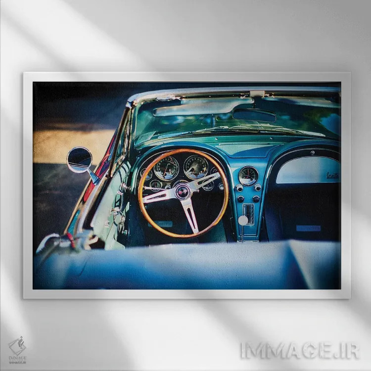 تابلو دکوراتیو فضای داخلی خودروی کلاسیک آمریکایی لوکس اثر جورج اوزه - نمای قابدار سفید