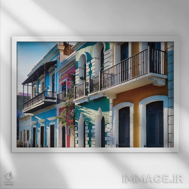 تابلو دکوراتیو خانه های سبکی استعماری اسپانیایی و موریش در سن خوآن قدیم، پور… اثر جورج اوزه - نمای قابدار سفید