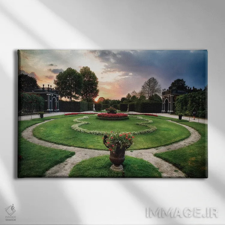 تابلو دکوراتیو نمای غروب باغ با آلاچیق ها، کاخ شونبرون، وین، اتریش اثر جورج اوزه - نمای روبهرو روی دیوار