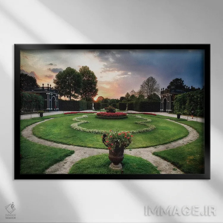 تابلو دکوراتیو نمای غروب باغ با آلاچیق ها، کاخ شونبرون، وین، اتریش اثر جورج اوزه - نمای قابدار مشکی