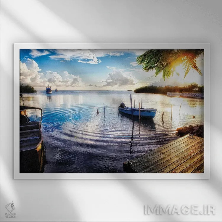 تابلو دکوراتیو غروب در روستای ماهیگیری، لا پارگرا، پورتوریکو اثر جورج اوزه - نمای قابدار سفید