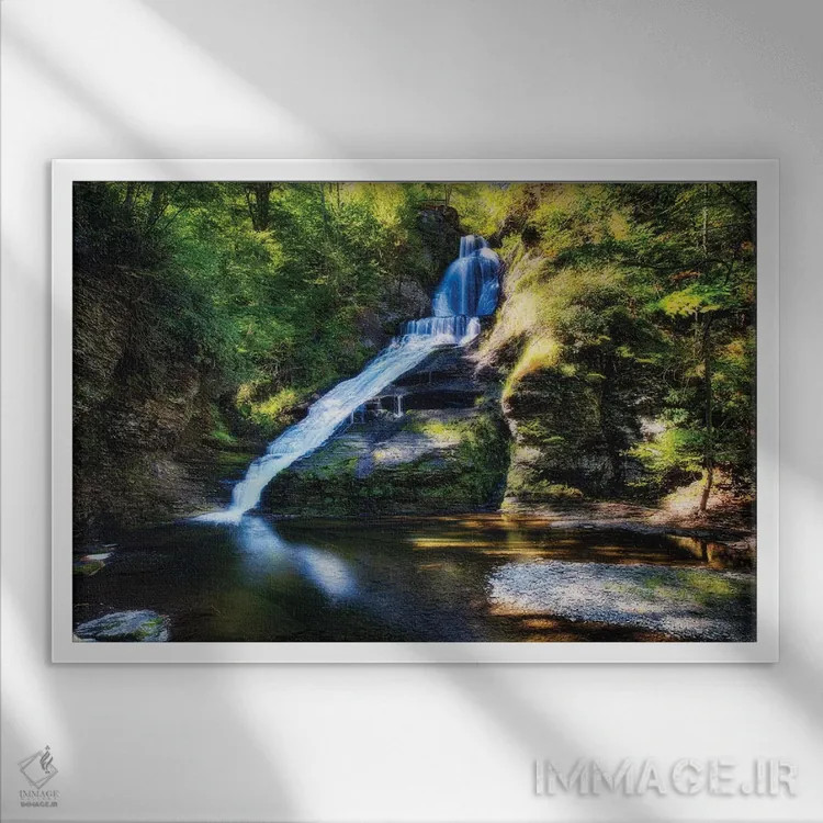 تابلو دکوراتیو نمای تابستانی از آبشار باورگمنز، پنسیلوانیا اثر جورج اوزه - نمای قابدار سفید
