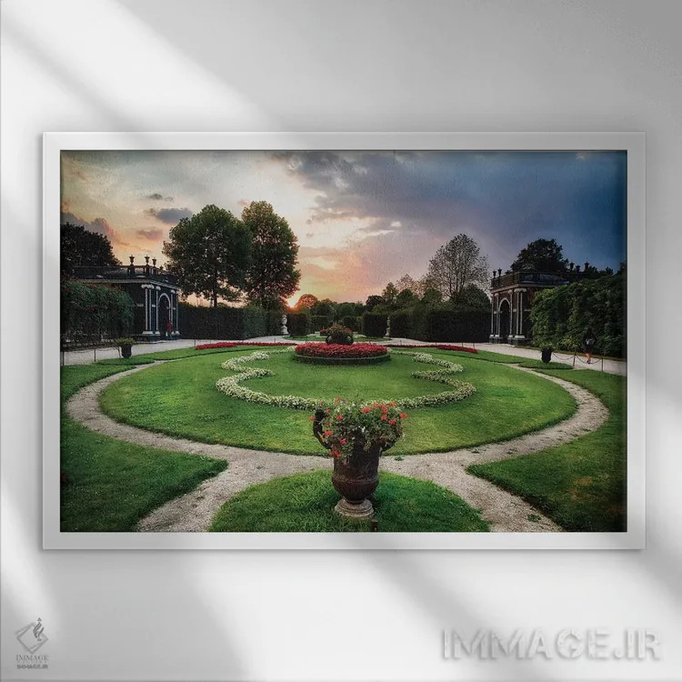 تابلو دکوراتیو نمای غروب باغ با آلاچیق ها، کاخ شونبرون، وین، اتریش اثر جورج اوزه - نمای قابدار سفید