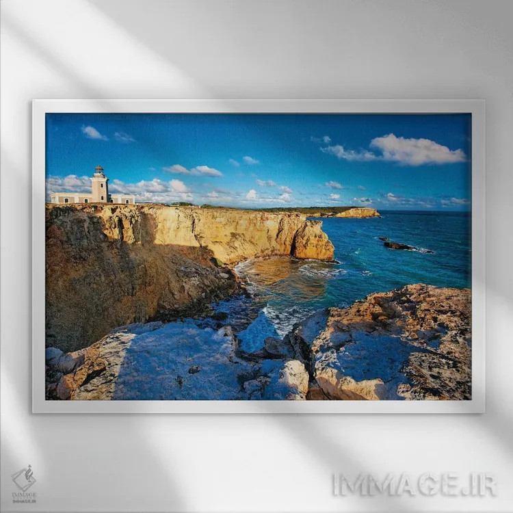 تابلو دکوراتیو نمای فانوس دریایی لس موریوس، کابو روخو، پورتوریکو اثر جورج اوزه - نمای قابدار سفید