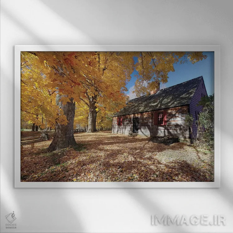 تابلو دکوراتیو نمای خانه تاریخی ویکس از میان برگ های پاییزی رنگارنگ، پارک ای… اثر جورج اوزه - نمای قابدار سفید