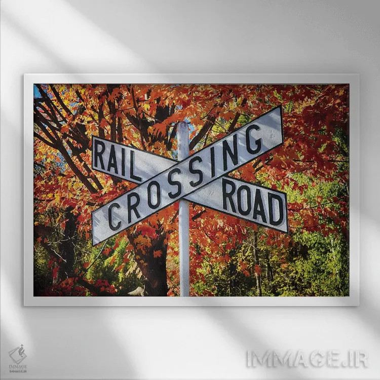 تابلوی قدیمی عبور راه آهن در روز پاییزی روشن اثر جورج اوزه - نمای قابدار سفید