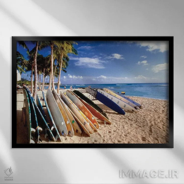 تابلو دکوراتیو تخته موج های ساحل وایکیکی اثر جورج اوزه - نمای قابدار مشکی