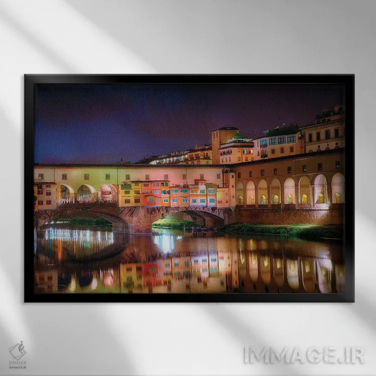 تابلو دکوراتیو انعکاس شبانه رود آرنو در پونته وکیو، فلورانس، توسکانی، ایتالی… اثر جورج اوزه - نمای قابدار مشکی