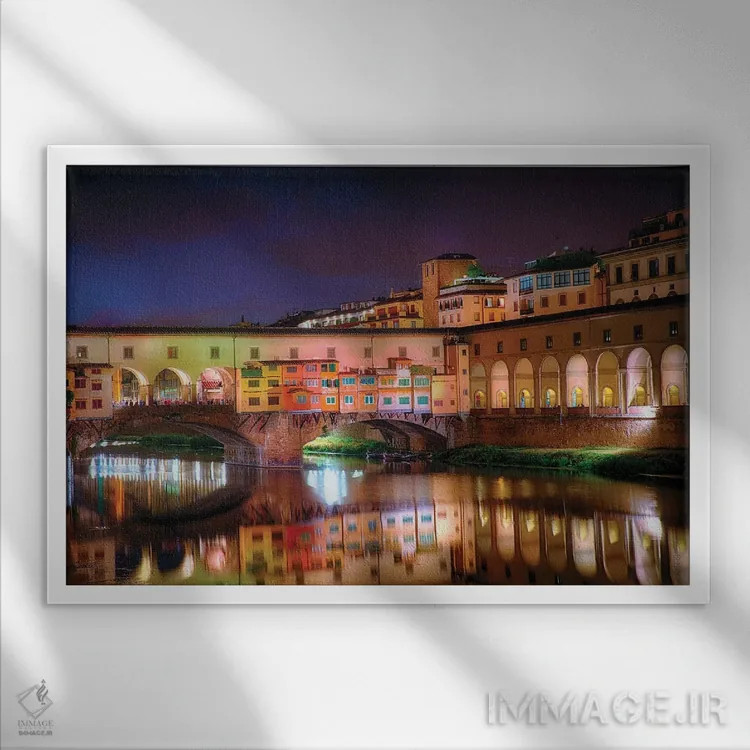 تابلو دکوراتیو انعکاس شبانه رود آرنو در پونته وکیو، فلورانس، توسکانی، ایتالی… اثر جورج اوزه - نمای قابدار سفید