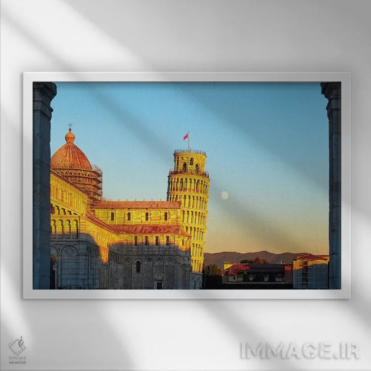 تابلو دکوراتیو میدان کلیسای پیزا با کلیسا و برج کج، توسکانی، ایتالیا اثر جورج اوزه - نمای قابدار سفید