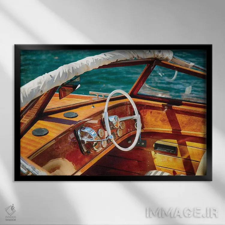تابلو دکوراتیو فرمان و کنترل های قایق موتوری کلاسیک، دریاچه کومو، ایتالیا اثر جورج اوزه - نمای قابدار مشکی